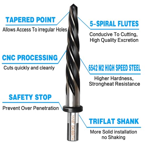 DKIBBITH 11/16" Bridge Construction Reamer Drill Bit, M2 HSS Taper Chucking Reamer for Steel Alloy Metal Wood Plastic, 1/2" Non-Slip Shank, 5-Spiral Flutes Car Reamer, to Align or Enlarge Holes, 17mm - size: 11/16"