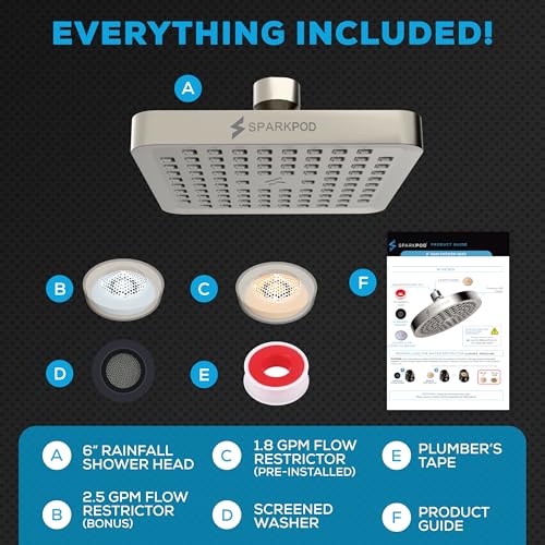 SparkPod Rain Shower Head, 6 Inch Square, Elegant Brushed Nickel Finish - color: Elegant Brushed Nickel, style: 6 Inch Square
