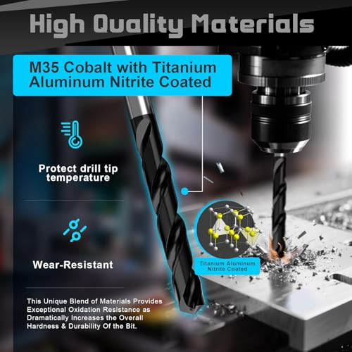 3/32 Inch Cobalt Drill Bit Set, HSS M35, Industrial Grade, TiAlN Coated - size: 3/32 Inch