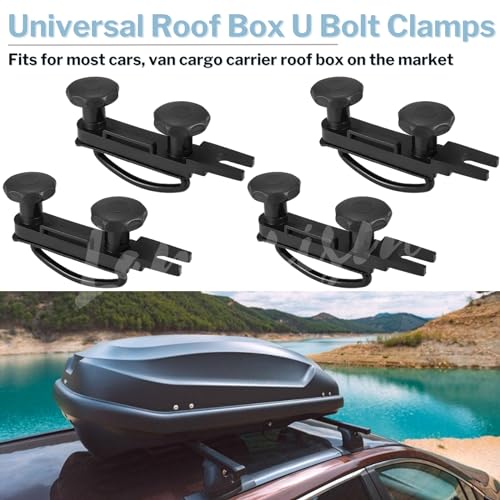 4 Pcs Roof Box U-Bolt Clamps, Upgraded Rooftop Cargo Carrier Rack Bolts, Car Van Mounting Fitting Kit 85mm Inner Width Metal U-Bracket Clips w/ 8 Lock Nuts 2 Straps