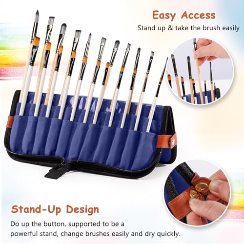 Stand Up Paint Brush Holder Case, 22-Slot Paintbrush Storage Bag Pop-Up - color: Navy, size: Medium 6*11"