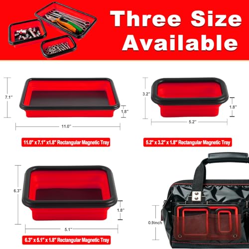 Collapsible Magnetic Parts Tray Set, 3 Different Sizes，Red - color: Red