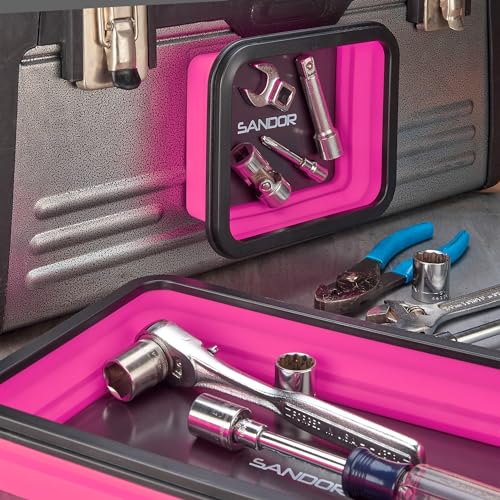 Collapsible Magnetic Parts Tray Set - 3 Different Size Tool Trays - Pink - color: Pink