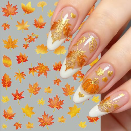 Fall Nail Art Stickers 2 Sheets 5D Embossed Autumn Maple Leaf Nail Decals Self Adhesive Thanksgiving Day Nail Design Decals Fall Maple Leaves Nails Stickers for Women Thanksgiving Day DIY Manicure - color: Orange Fall
