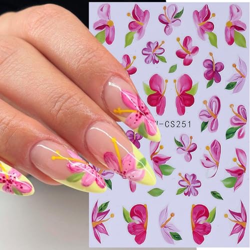 3D Flower Nail Stickers Decals 12 Sheets Spring Summer Floral Butterfly Ocean Nail Art Decals Self-Adhesive Tropical Hibiscus Fish Sea Star DIY Nails Decoration Manicure Accessories for Women - style: Tropical Flower