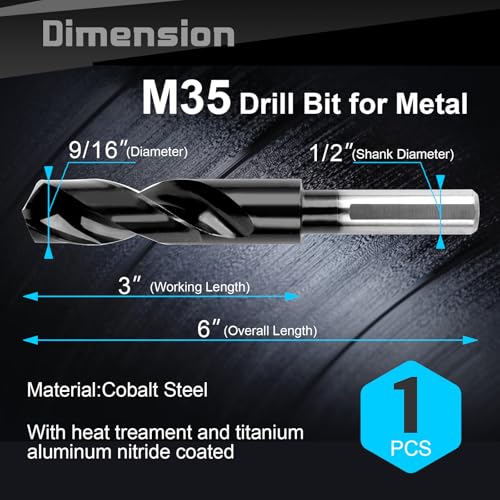 9/16 Inch Cobalt Drill Bit, HSS M35, Industrial Grade, TiAlN Coated - size: 9/16 Inch