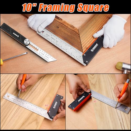 4Pcs Woodworking Tools -7''Aluminum Rafter Square,12''Adjustable Protractor Angle Finder,10'Woodworking Square Ruler and T-Bevel Gauge-1/16 Precision… - style: 4PCS
