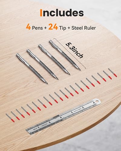 Tungsten Carbide Scriber, Knurled Aluminum Handle, 4-Pack with Bonus Marking Tips and Steel Ruler, Ideal for Detailed Crafting and Carving
