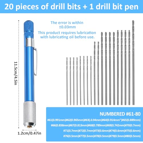 21 PCS Metric Mini Micro Drill Bit Set, Carburetor Jet Drill Bits Pin Vise Set Numbered 61-80 Mini Jeweler's Chuck Vice Hss Twist Drills Bits with Mini-Pin Vise & Plastic Case for Wood Jewelry DIY