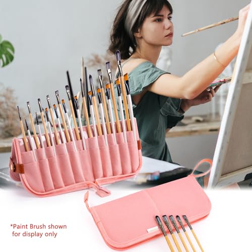 Paint Brush Holder Case for Artists, 22-Slot Paint Brush Case Pop-Up Stand - color: Pink, size: Medium 6*11"