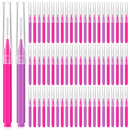 Lallisa 100 Pieces Micro Eyebrow Spoolie Brush with Cap, Pink, Purple - color: Pink, Purple