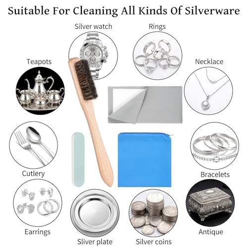 4 Pcs Horsehair Silver Cleaning Brush Set, Zippered Silver Storage Bags with Detail Polish Brush and Polishing Cloth for Silverware Plateware Jewelry