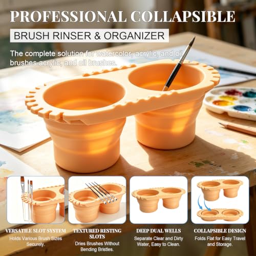 Paint Brush Cleaner Foldable Silicone Cleaning Container 8.8x4.2in, Brush Washing Station for Acrylic Oil Watercolor Painting, Artist Cleaner Tool for Students & Artists, Gift, Beige - color: Beige