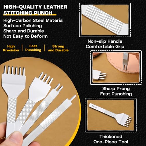 Leather Stitching Punch Hole Punch Tool Set, 5mm 1/2/4/6 Prong Punch Chisel - size: 5MM-12Pcs