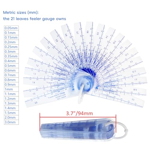 Feeler Gauge Plastic Metric Gap Measuring Tool, 0.05mm to 3mm, 21 Leaf - size: 0.05mm-3mm 21 Leafs
