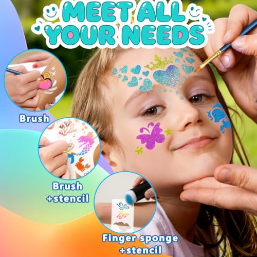 39PCS Face Paint Stencils Kit Includes 15 Reusable Facial Painting Stencils, 8 Sheets Tattoo Stencil Stickers, 10 Brushes, 2 Pack Adhesive Gems, 4 Sponge for Halloween Birthday Carnival Party Makeup - color: Party