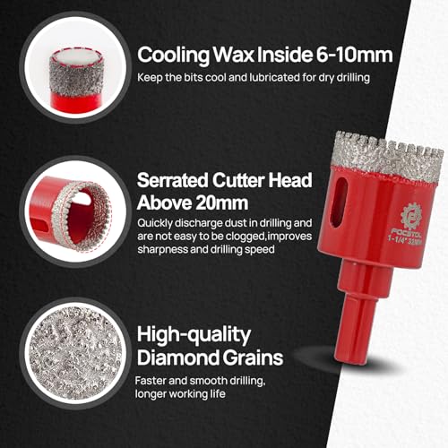 FOCSTOL Tile Hole Saw Kit 11PCS, 1/4"-2-1/2" Drill Bits with Triangle Shank - size: KIT4(Triangle)