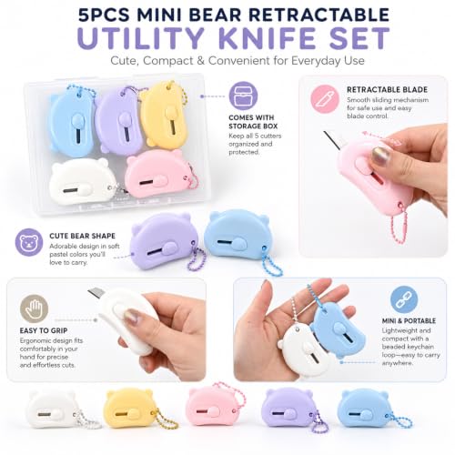 5 PCS Mini Box Cutters Retractable, Cute Letter Opener with Key Rings
