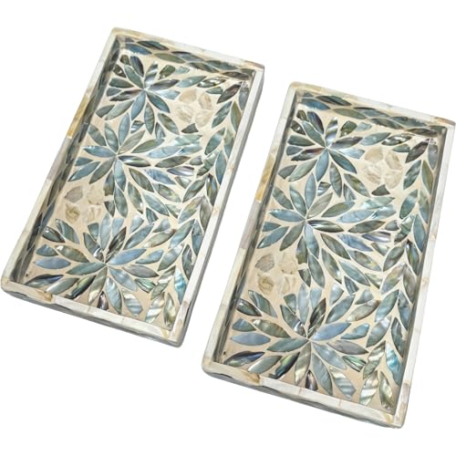 i-lanSet of 2 Mother of Pearl Narrow Vanity Trays, Floral Shell Mosaic