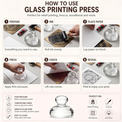 Nuanchu 3.94" Glass Baren Printmaking Tool for Block Linocut, Round Handle