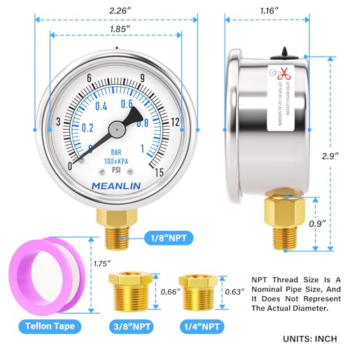 MEANLIN MEASURE 0~15Psi Dry Low Pressure Gauge Stainless Steel 1/" NPT 2" FACE DIAL Waterproof for Water Oil Air Well Pump Tank Tire Pressure Test Lower Mount, with 1/4" NPT and 3/8" NPT Hex Bushing - size: 0-15Psi