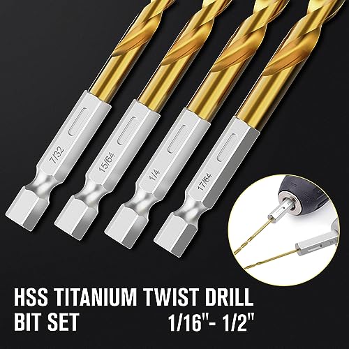 30Pcs(1/16" - 1/2") Hex Shank Titanium Twist Drill Bit Set - size: 1/16" - 1/2" - 30pcs HSS