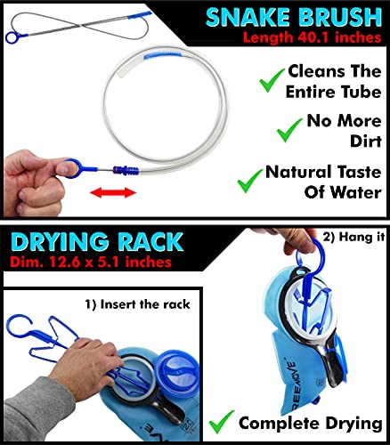 Hydration Bladder Cleaning Kit 6in1 - Clean and Maintain 2L and 3L Water Bladders with Ease - Includes 3 Brushes, Drying Hanger, Carry Bag & 2 Cleaning Tablets For Any Camelback Water Pack Backpack