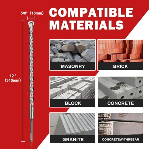 5/8"(16mm) x 12" SDS Plus Hammer Drill Bit, 2-Cutter Masonry - size: 5/8"（16mm） x 12"）