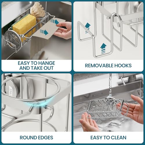 TAILI 4-in-1 Sponge Holder for Kitchen Sink with Strong Suction Cup-Silver - color: Silver, size: 7.28" x 2.36"