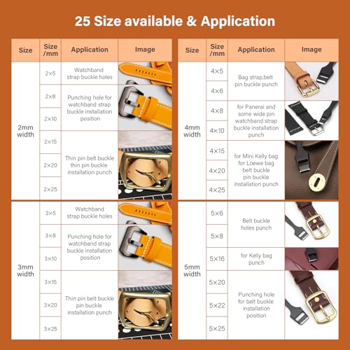 WUTA 6 Pcs Leather Belt Hole Puncher Oval Cutter Strap Watch Band Flat Punches Heavy Duty Oblong Tools for Leathercrafting (4 * 5+4 * 6+5 * 8+5 * 25+4mm Round+3.5mm Round) - size: 4*5+4*6+5*8+5*25+4+3.5mm