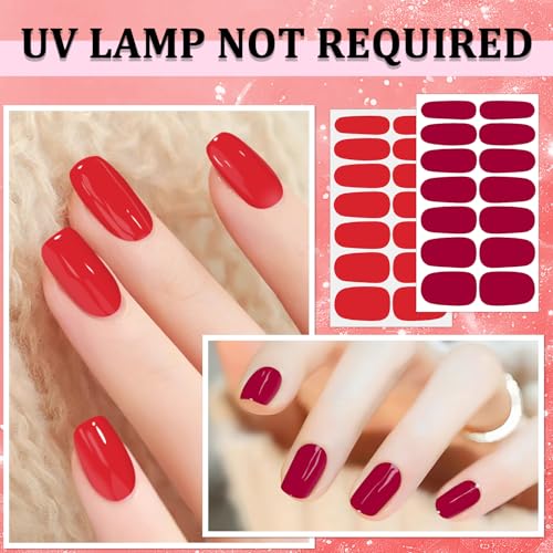 224PCS/16 Sheets Nail Polish Strips - Red Solid Color Gel Nail Stickers Full Nail Wraps UV Free | Easy to Stick | Adhesive Sticker Nails for Women with 1 File, 1 Cuticle Stick