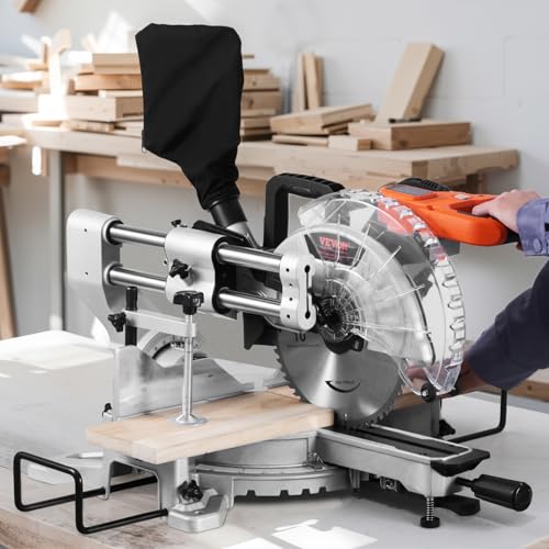 VEVOR 10" Double Bevel Sliding Compound Miter Saw, 15 Amp, 60-Tooth Blade, LED Precision Laser Alignment, Adjustable Angles, Ideal for Wood, Composite Decking & Laminate Materials - size: 10 in