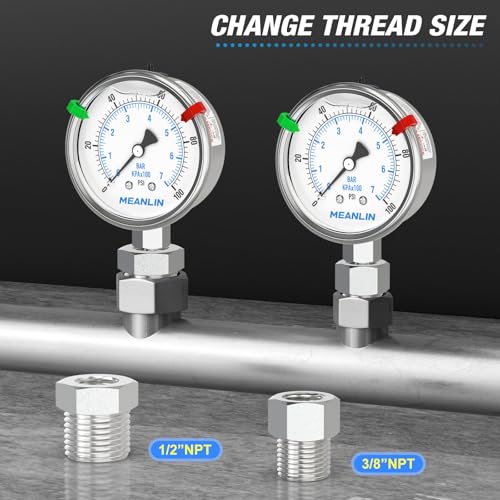 MEANLIN MEASURE 0~100Psi Stainless Steel Liquid Filled Pressure Gauge 2.5" FACE DIAL 1/4" NPT for Well Pump Tire Water Pressure Tester Lower Mount with Stainless Steel Hex Bushing and Snaps - size: 0-100Psi, style: Lower Mount