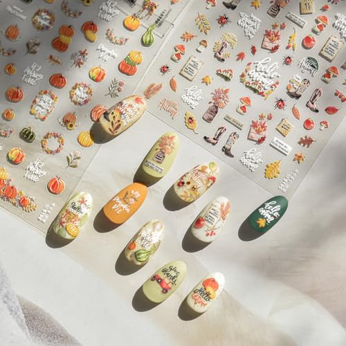 1 Sheet Thanksgiving Day Nail Stickers 5D Embossed Maple Leaves Nail Decals Self-Adhesive Autumn Fox Deer Nails Supplies Fall Leaves Nail Design Fall Leaf Nails Accessories for Women DIY Nail Decor - color: Maple Leaf Deer