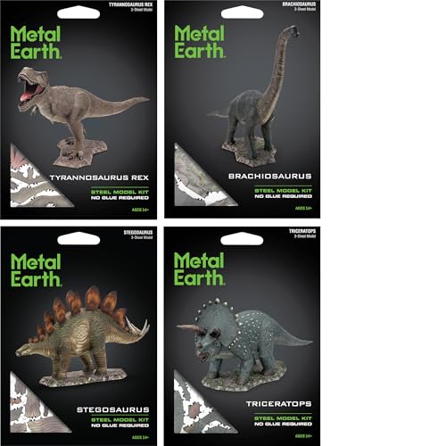 Metal Earth 3D Metal Model Kits Color Dinosaurs Set of 4 - Stegosaurus - Tyrannosaurus Rex - Triceratops - Brachiosaurus with Tweezers