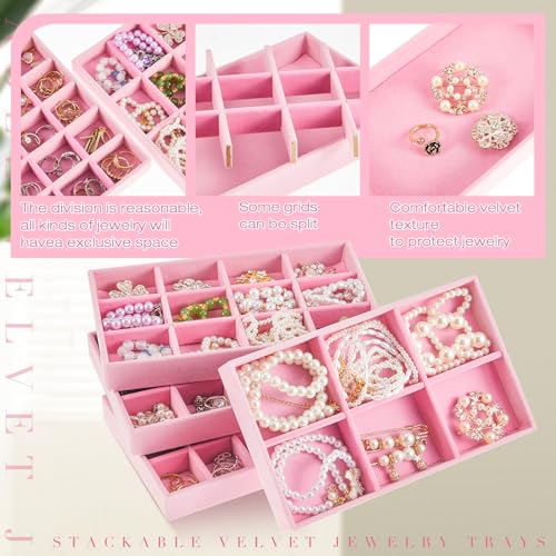 Junkin 12 Pcs Velvet Jewelry Organizer Tray, Stackable Storage - color: Pink