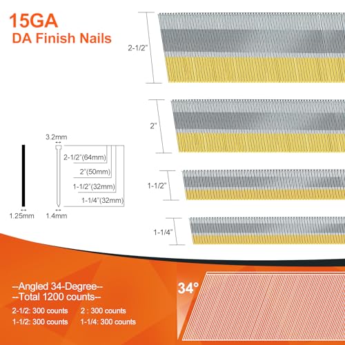 PINOZE 15 Gauge DA Angled Finish Nails, 34-Degree, 1200-Pack (2-1/2", 2", 1-1/2", 1-1/4" 300 Per Sizes), Galvanized Assorted Size Project Pack, for Pneumatic, Electric Angled Finish Nailer Gun