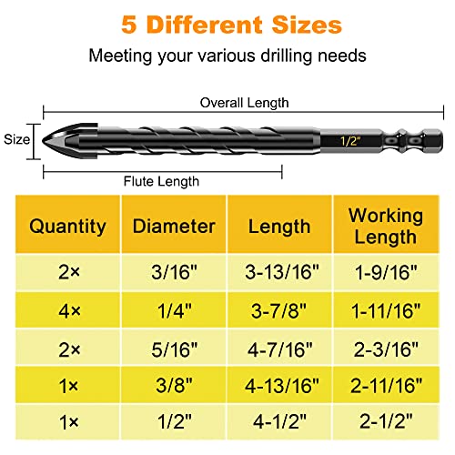 10Pcs Cross-Tip Masonry Drill Bit Set & Concrete Drill Bit Set, 3/16"-1/2" - size: 10 pcs 3/16"-1/2" Cross-Tip