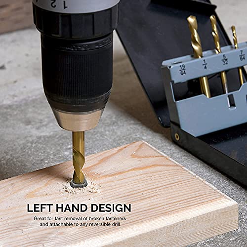 NEIKO 10113A Left-Hand Drill-Bit Set, High-Speed Steel Drills with Titanium Nitride Coating, Reverse-Twist Drill Bits, SAE Sizes, 5-Piece Set - size: 5 Piece, style: Left-Handed Drill Bit