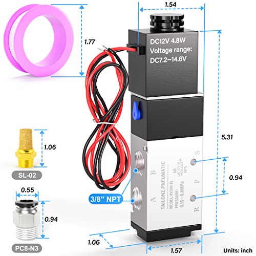 TAILONZ 3/8"NPT DC12V Solenoid Valve 2Position 5Way Outlet wire 4V310-10 - color: Black(DC12V), size: 2 Position 5 Way-3/8"NPT