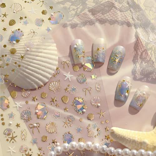 1 Sheet Summer Ocean Nail Art Stickers 5D Embossed Seashell Starfish Nail Stickers Pearl Crystal Diamond Bow Design Gold Beach Shells Nails Supplies Y2K Manicure Decorations for Women DIY Manicure - color: Summer Starfish