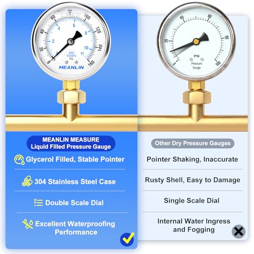 MEANLIN MEASURE 0~160Psi Stainless Steel 1/4" NPT 2.5" FACE DIAL Liquid Filled Pressure Gauge WOG Water Oil Air Lower Mount, with 1/2" NPT and 3/8" NPT Hex Bushing - size: 0-160Psi