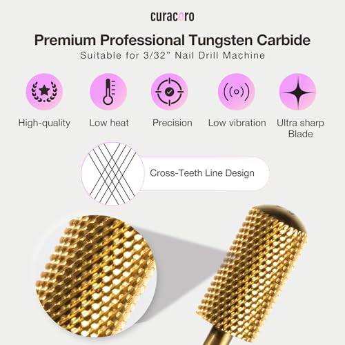 Curacoro Nail Drill Bits 3/32'' L-Shaped Smooth Top Carbide Bit (Medium) - color: Yellow Titanium - L-Smooth Top, size: Medium