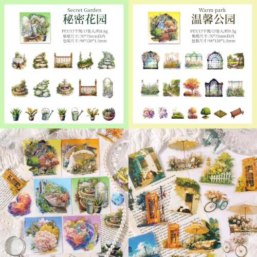 102 Pcs Landscape Scenery PET Stickers, Aesthetic Garden Decals Set - color: A Flower in Another World
