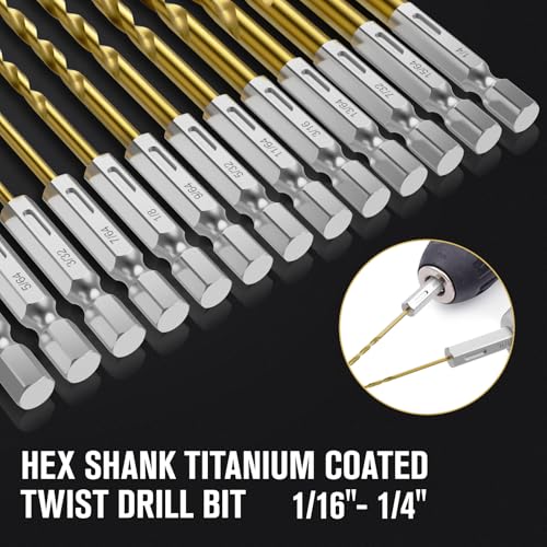 19Pcs(1/16" - 1/4") Hex Shank Titanium Twist Drill Bit Set - size: 1/16" - 1/4" - 19pcs HSS