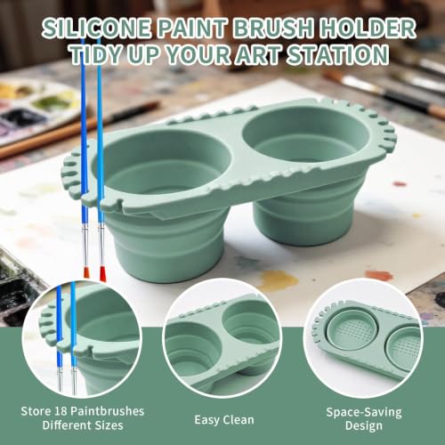 Paint Brush Cleaner Cup, Foldable Silicone Brush Cleaning Rinse Cup with Dual Compartment Cleaning Container and Brush Holder for Acrylic, Watercolor & Art Supplies - color: Green
