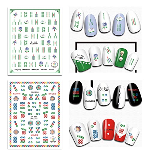 Funny Mahjong Nail Art Stickers - Chinese Playing Cards Game Design, 3D Decals, Luck Nail Art Supplies (6 Sheets) - style: Mahjong