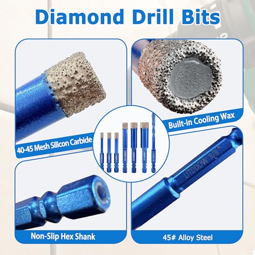 7-Pack Hex Shank Diamond Drill Bits & Carbide Tile Drill Bit Set, 5 Sizes - size: 7 Pcs 3/16"-1/2" Mixed Styles