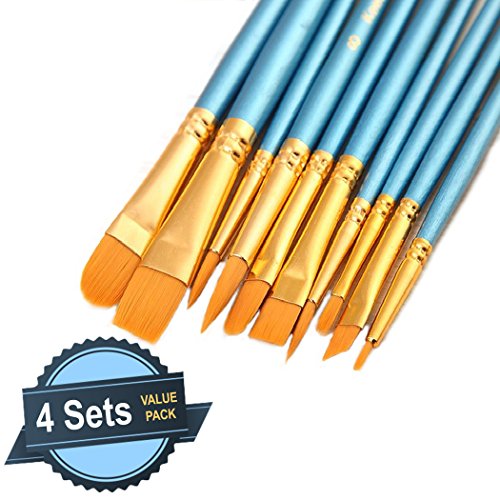 4 Sets of 10 Pcs Paint Brush Set, Synthetic Hair, Assorted Sizes & Shapes - size: 4 Sets
