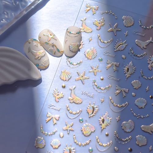 1 Sheet Starfish Nail Art Stickers Holographic Laser Summer Nail Stickers Shiny Shell Light 5D Embossed Starfish Nail Decals Marine Life Dolphin Conch Nails Design Ocean Beach Nail Supplies for Women - style: conch